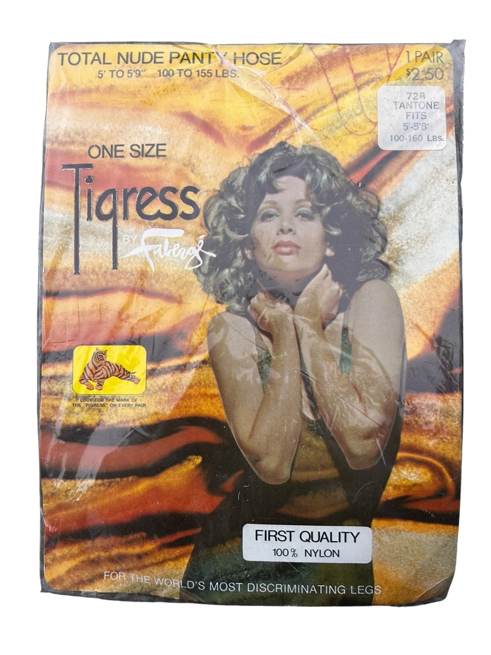 Vtg 70s Tigress by Faberge Pantyhose Tiger Logo Waistband One Size TANTONE NOS